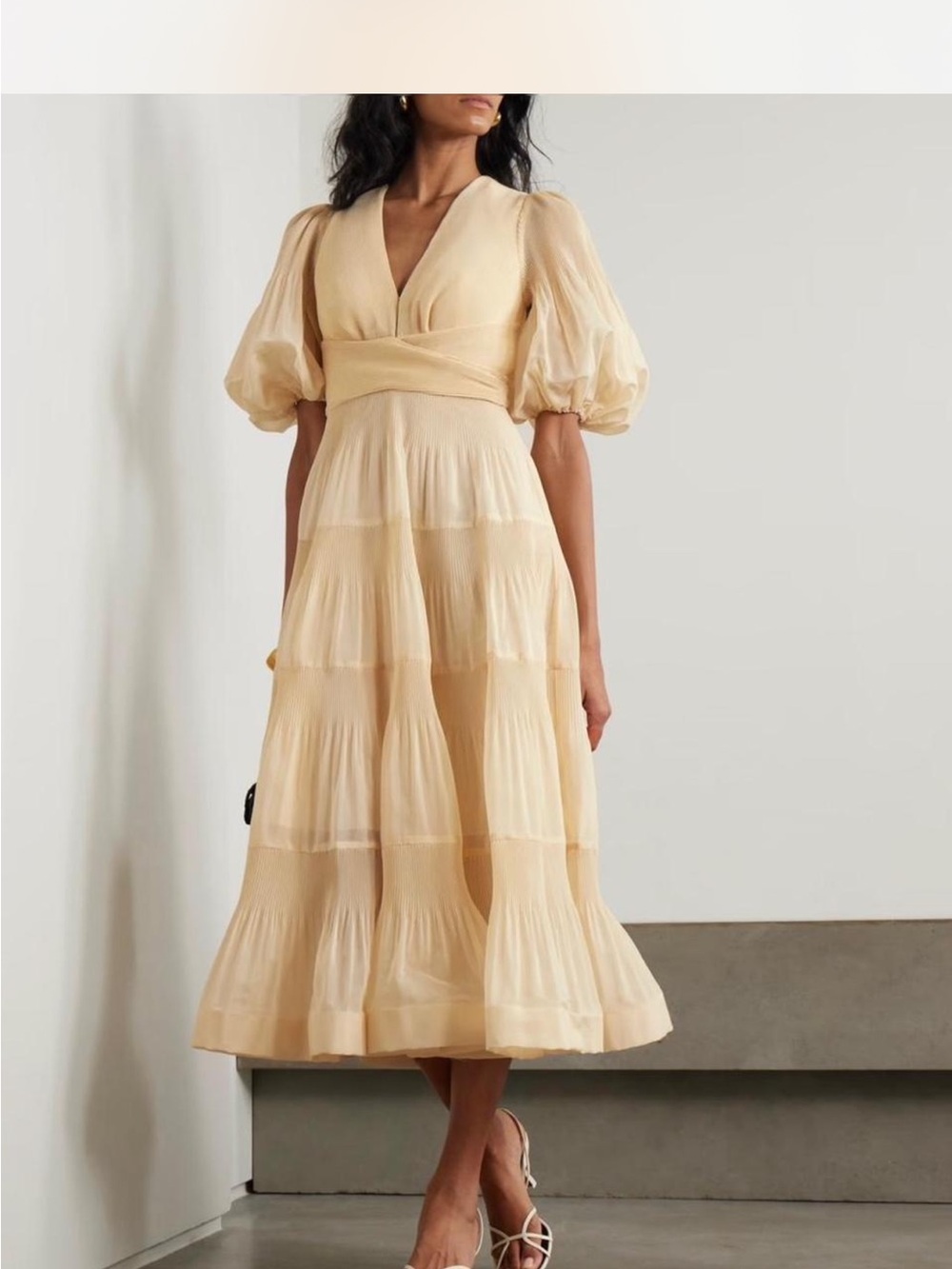 ISO Zimmermann Cream Puff-Sleeve Tiered plissé-taffeta midi dress